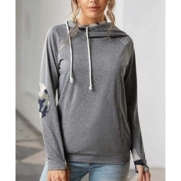 Tops - Gray Double Hooded Sweatshirt with Camo Elbow Patch and Inner Hooded 2XL